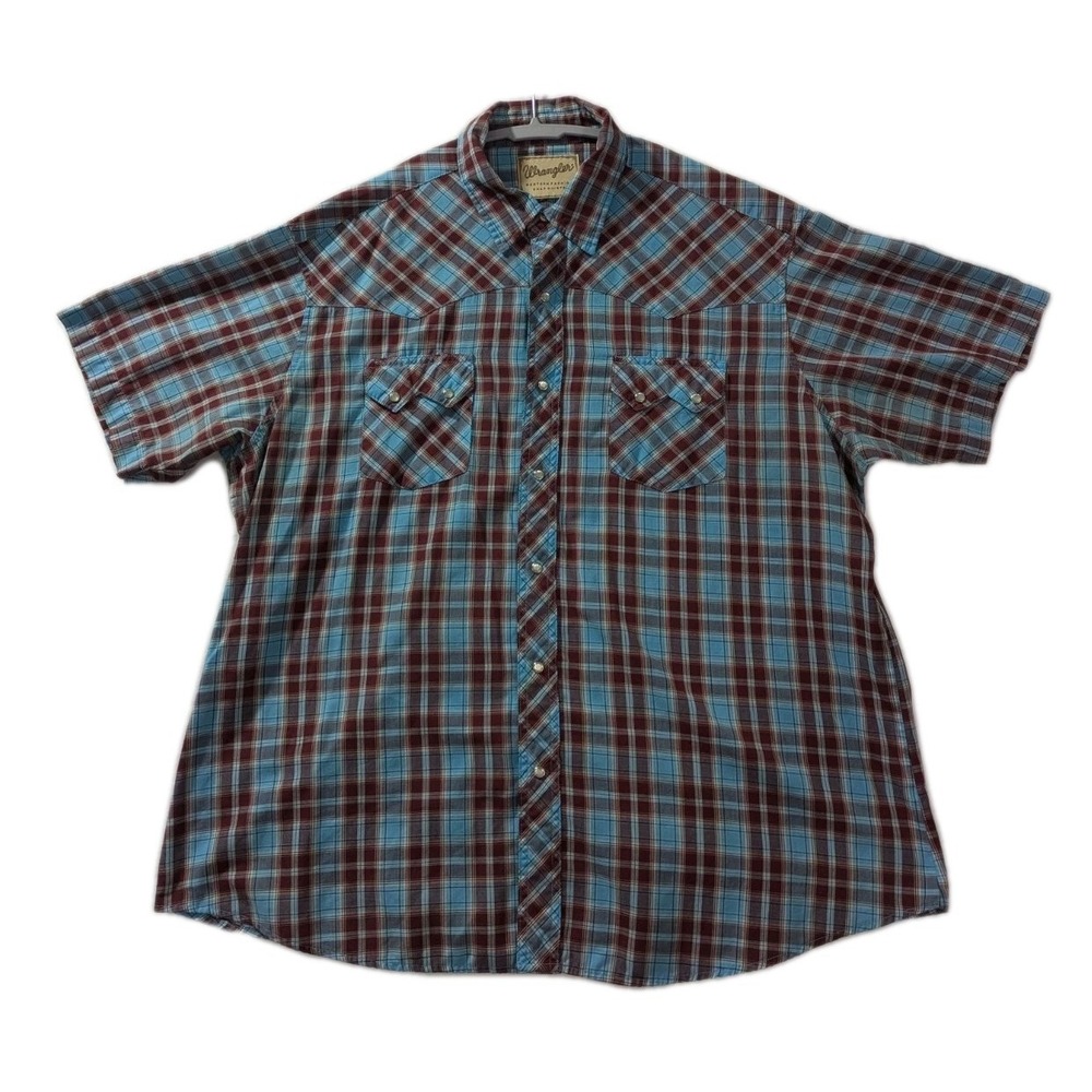 Wrangler Burgundy Blue Plaid Western Snap Shirt‎ Men XL Short Sleeve